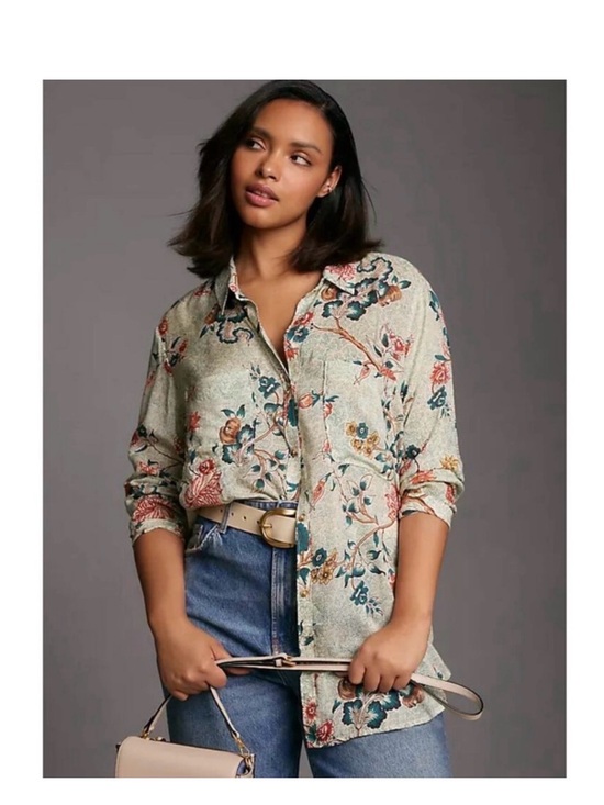Pilcro Tops - Pilcro Floral Button-Front Blouse in Sage and Coral